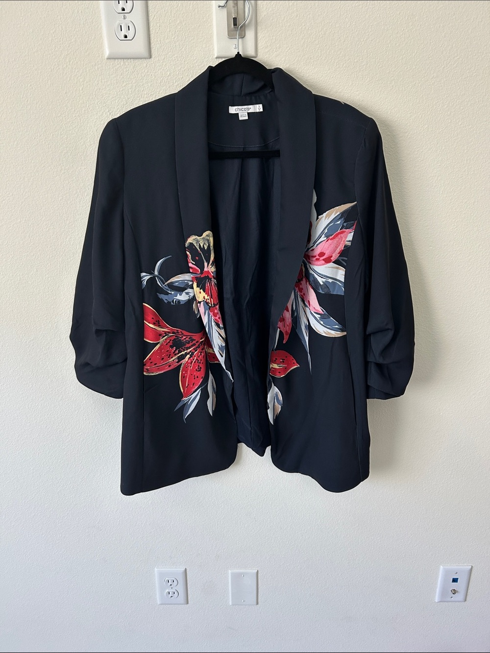 Chico's navy blue Floral Draped Open-Front Blazer with Red and Cream Accents